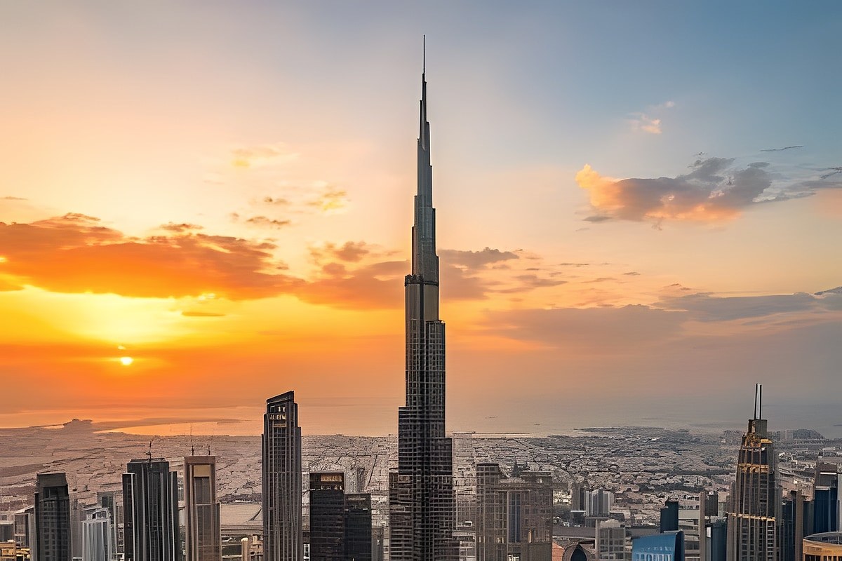 Burj Khalifa and the Downtown skyline at sunset